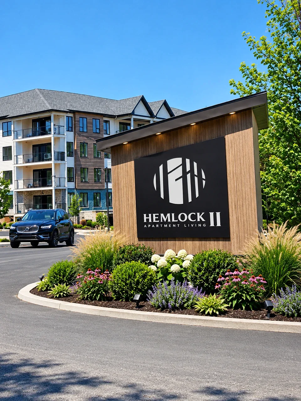 Hemlock II Apartment Living entry monument with a black logo panel on wood-look cladding, in front of the apartment building