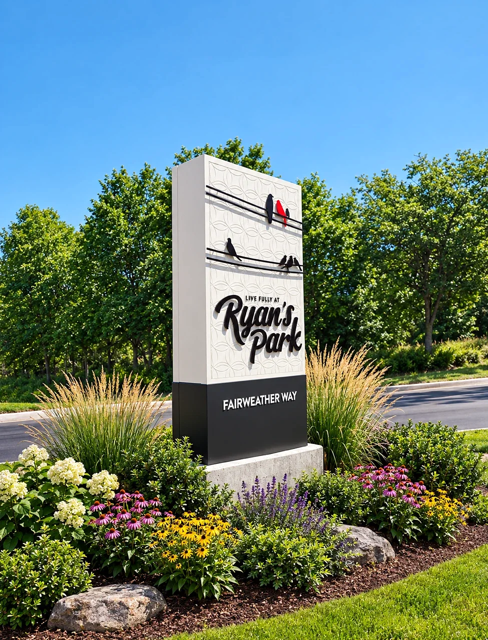 Ryan's Park entry monument with dimensional birds on a wire, set in a landscaped garden bed